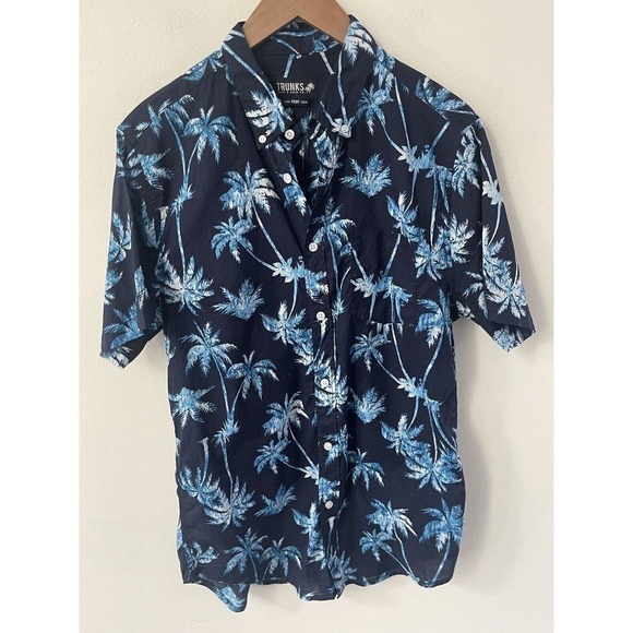 Trunks Surf And Swim Mens Navy Blue Size M Palm Tree Short Sleeve Tropical Shirt - Picture 1 of 11